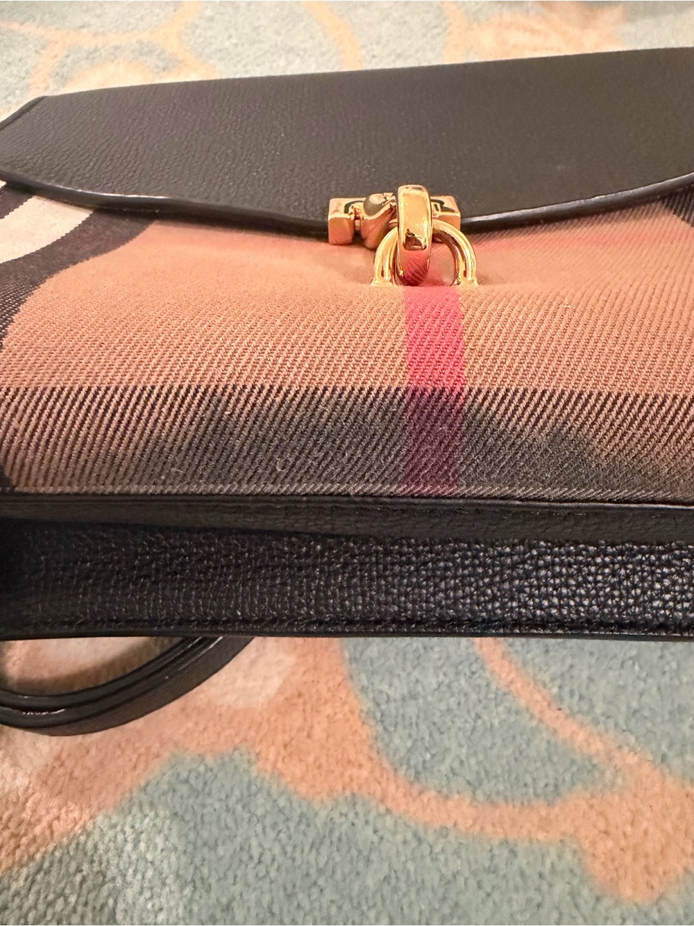 Burberry Black Leather & Beige Check Crossbody with Gold Hardware - Picture 10 of 11